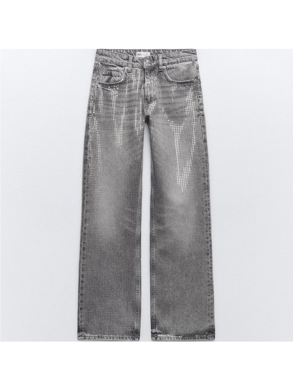 Zara Gray Sequin Foils Mid Rise Wide Leg Jeans